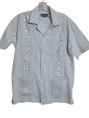 Vintage LADA Light Blue Embroidered Guayabera Cuban Shirt - Size L